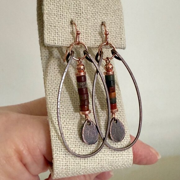 Copper Drop Hoop Teardrop Earrings Multicolor Beads Boho Earthy Indie Artistic - Picture 6 of 8